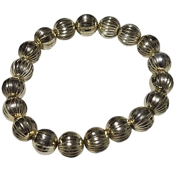 Elegant Gold Tone Ribbed Beaded Stretch Bracelet Minimalist Fashion Jewelry - Picture 1 of 3
